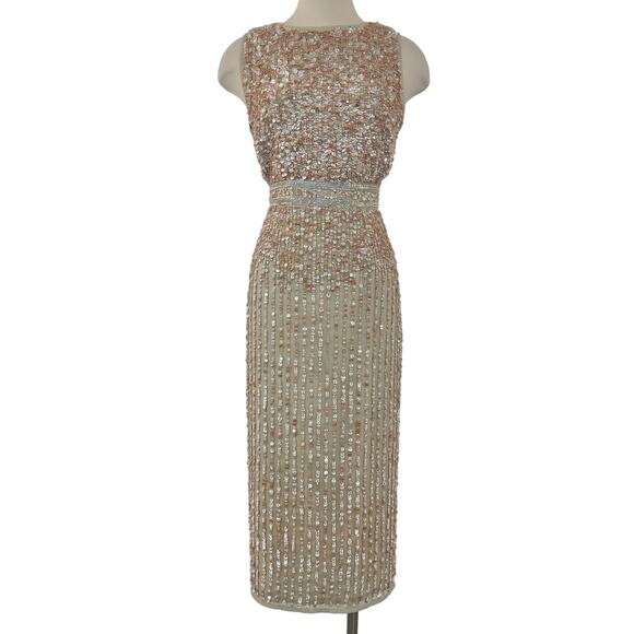 Mac Duggal Sequin Sleeveless Sheath Midi Cocktail Dress in Beige Rose Gold 8 - Picture 1 of 14